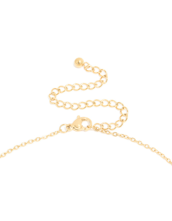 Highlighting waterproof mini bubble letter V necklace with initials pendant in gold plated stainless steel clasp detail view