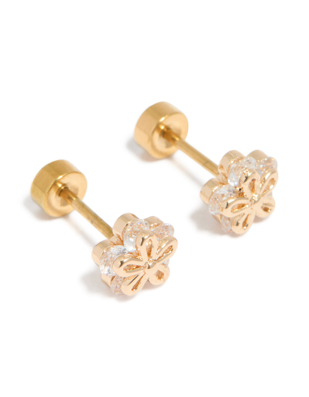 Kids Gold Plated Surgical Steel Cubic Zirconia Flower Outline Flat Back Studs