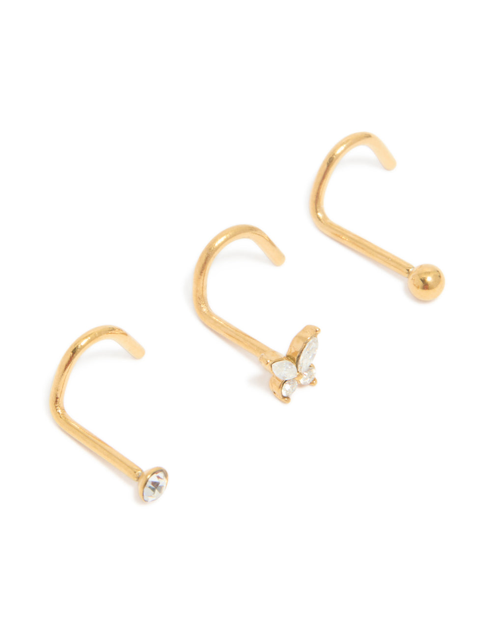 Gold Plated Surgical Steel Butterfly & Classic Nose Studs 3-Pack