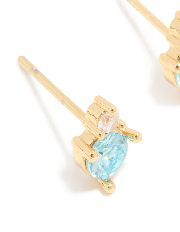 Waterproof Gold Plated Stainless Steel March Birthstone Cubic Zirconia Duo Stud Earrings