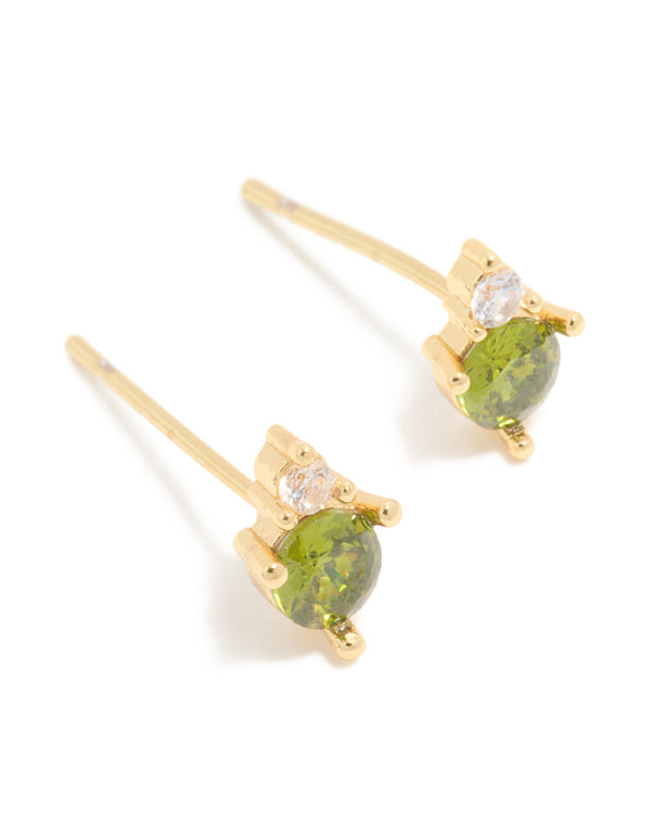 Showcasing waterproof gold plated stainless steel August cubic zirconia birthstone duo stud earrings front view