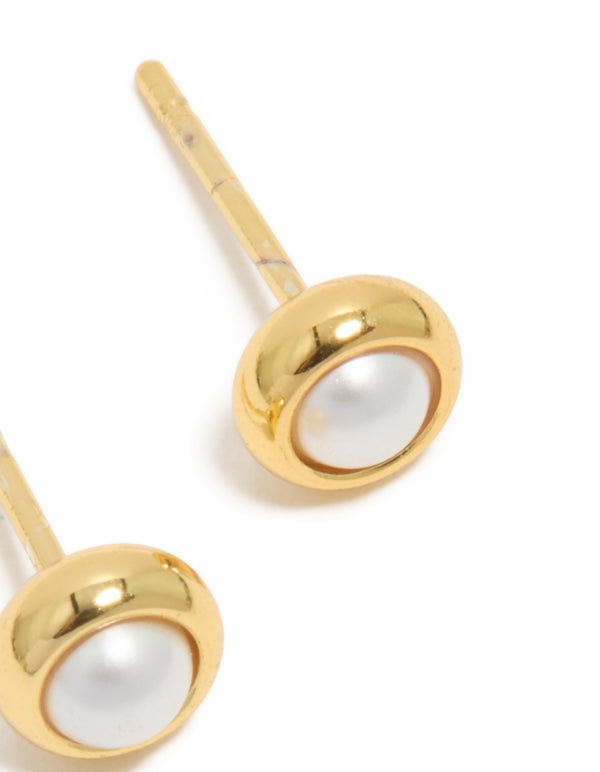 Waterproof Gold Plated Stainless Steel Pearl June Birthstone Pearl Bezel Set Stud Earrings