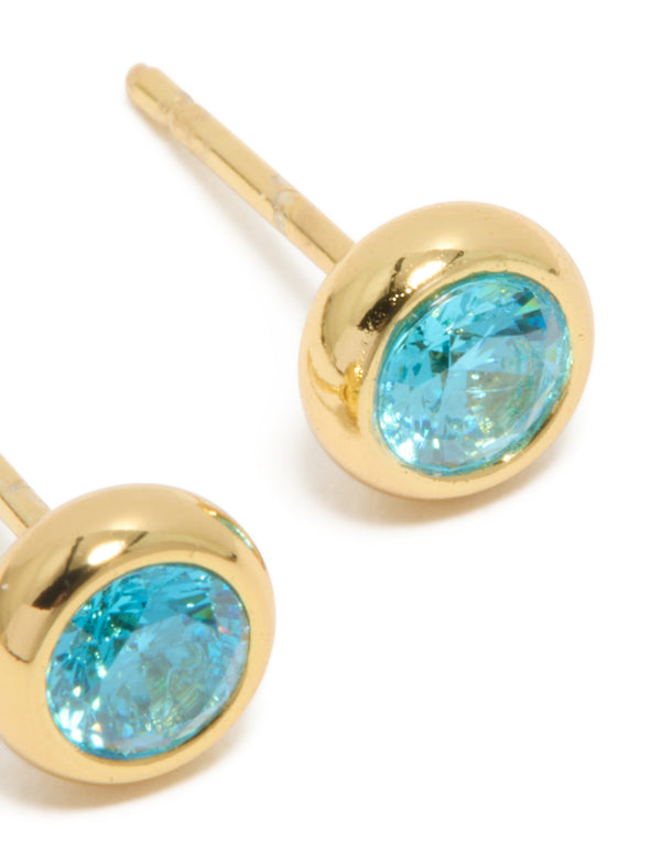 Displaying waterproof gold plated stainless steel aquamarine cubic zirconia March birthstone bezel set stud earrings post detail view