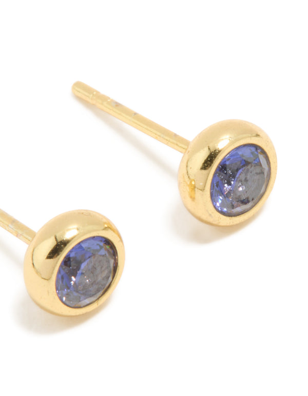 Waterproof Gold Plated Stainless Steel Tanzanite Cubic Zirconia December Birthstone Bezel Earrings