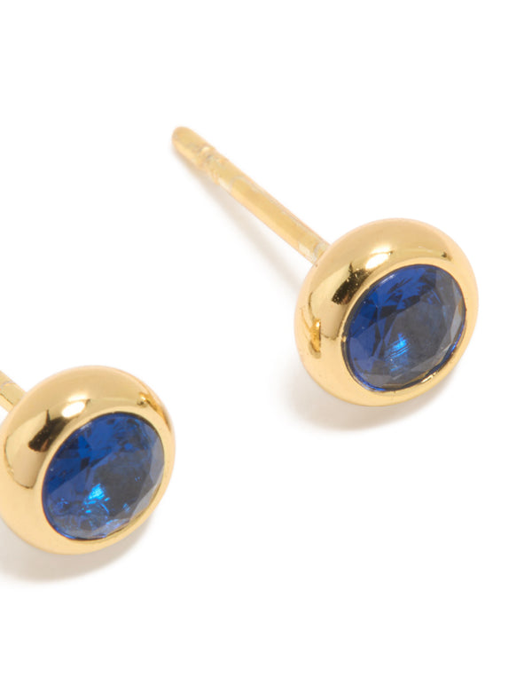 Explore waterproof gold plated stainless steel sapphire cubic zirconia September birthstone bezel set stud earrings in dainty style post detail view