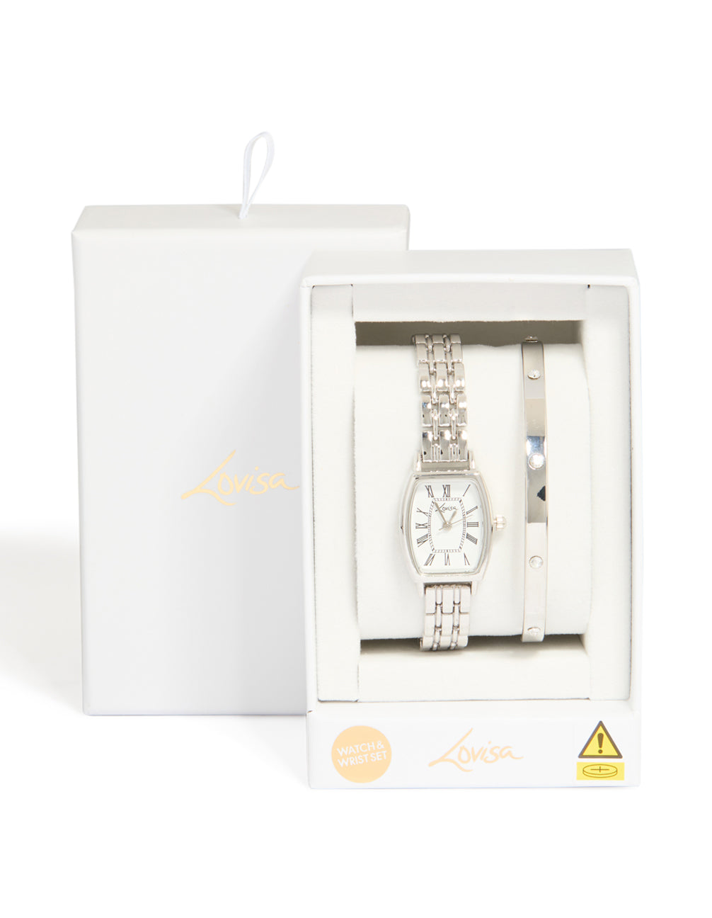 Featuring a women's casual analog watch and wrist cuff set with white dial, roman numerals, link band in silver case detail view