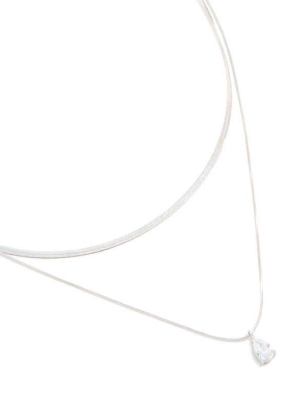 Waterproof Stainless Steel Cubic Zirconia & Chain Pendant Layered Necklace