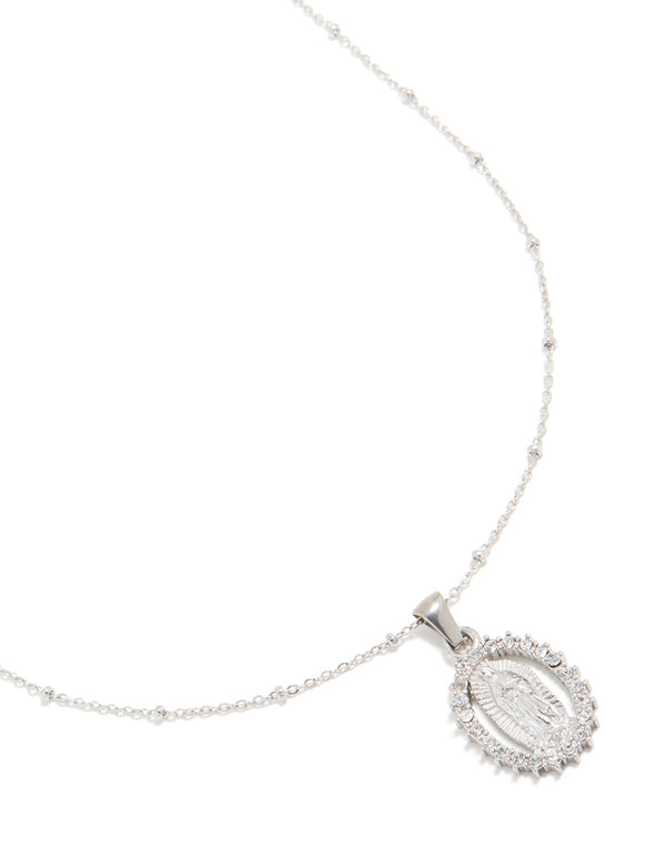 Showcasing a waterproof stainless steel lady figure pendant necklace with angel, balls in silver close up view