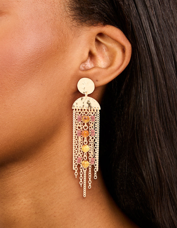 Gold Brown & Dark Red Beaded Cup Chain Drop Earrings