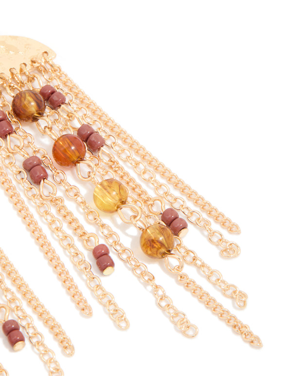 Gold Brown & Dark Red Beaded Cup Chain Drop Earrings