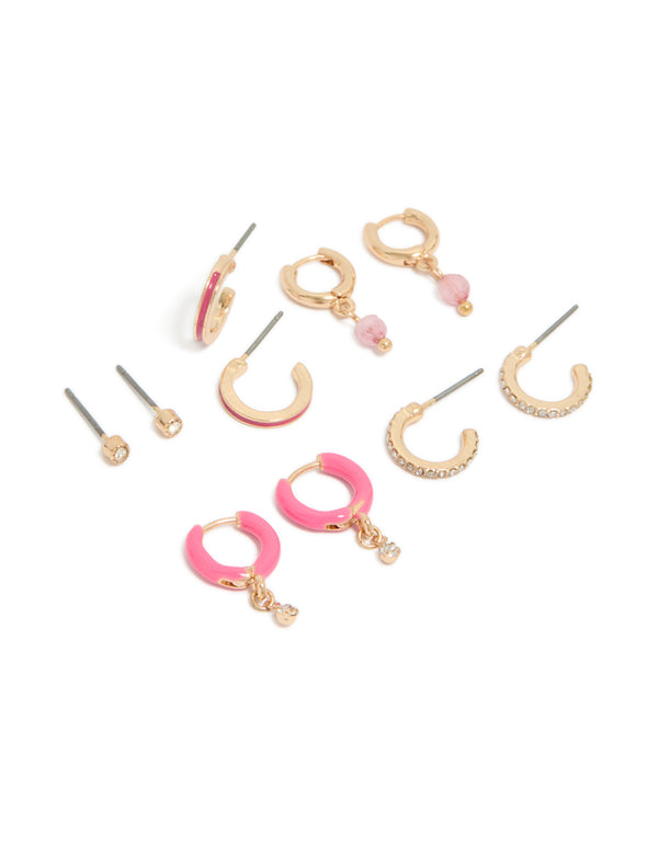 Beautifully crafted gold diamante and pink enamel hoop earrings 5-pack featuring beads with closure front view