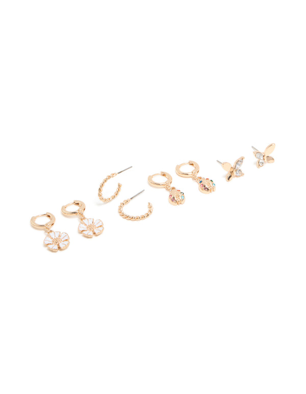 Discover Gold Butterfly & Ladybird Earrings 4-Pack featuring butterfly and floral details in stud and huggie closures front view