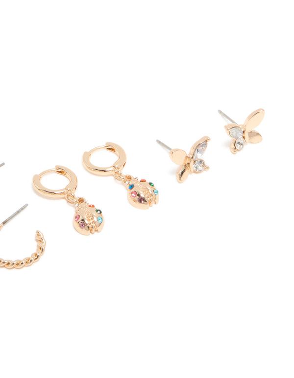 Explore Gold Butterfly & Ladybird Earrings 4-Pack featuring butterfly and floral designs with stud and hoop closures post detail view