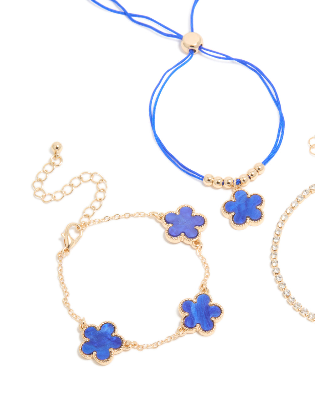 Gold Cubic Zirconia Tennis & Dark Blue Cord Flower Bracelet 3-Pack