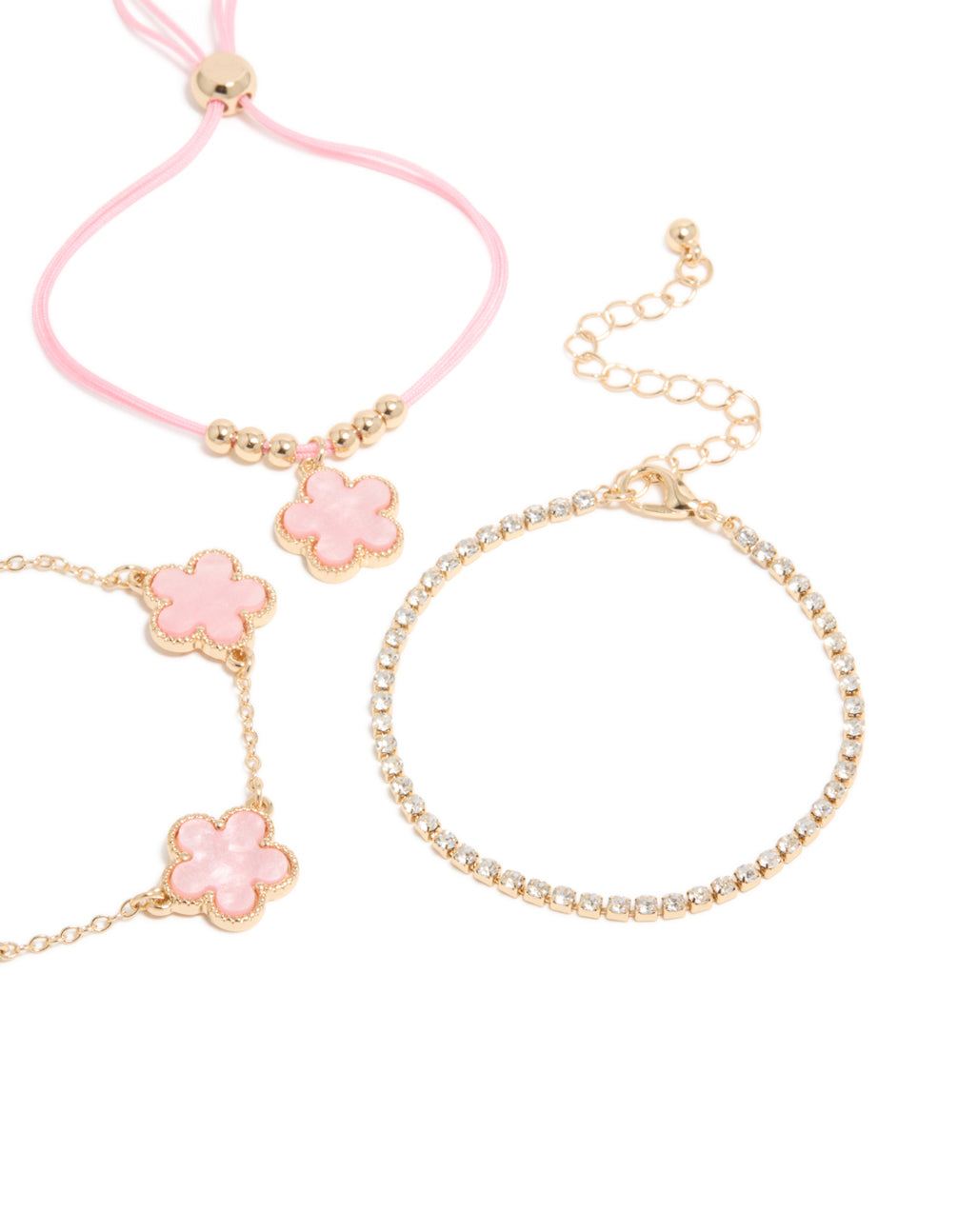 Gold Cubic Zirconia Tennis & Blush Pink Cord Flower Bracelets 3-Pack