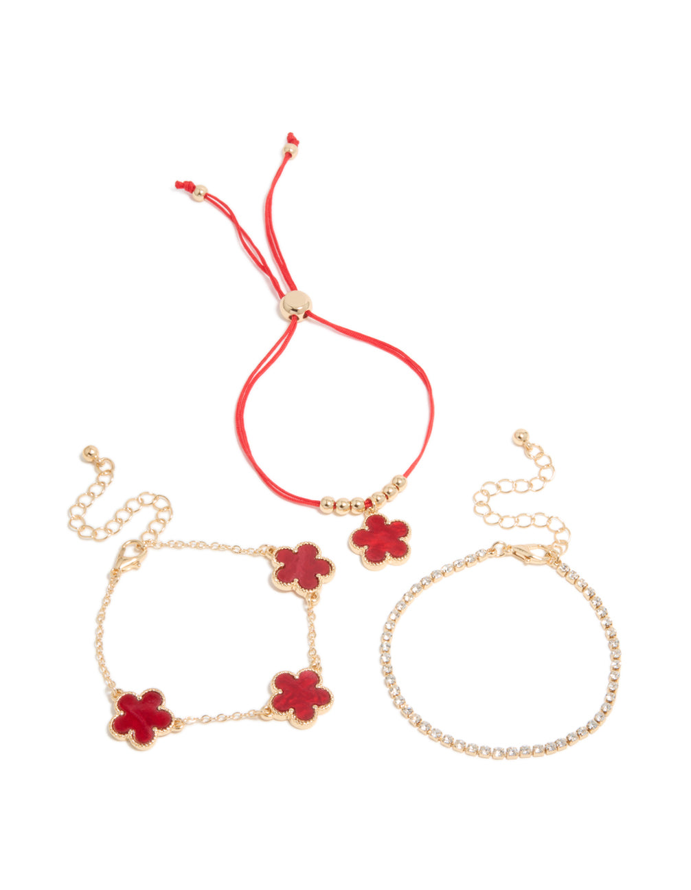 Gold Cubic Zirconia Tennis & Red Cord Flower Bracelets 3-Pack