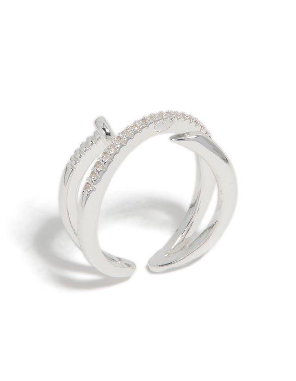 Crafted silver plated cubic zirconia shiny half nail ring side detail view