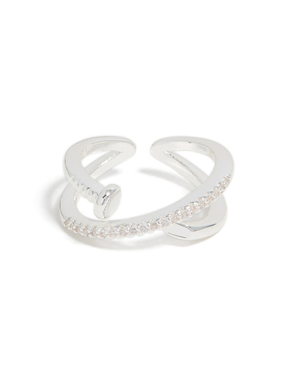 Detailed silver plated cubic zirconia shiny half nail ring close up view