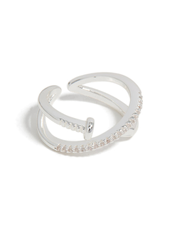 Showcasing a silver plated cubic zirconia shiny half nail ring front view