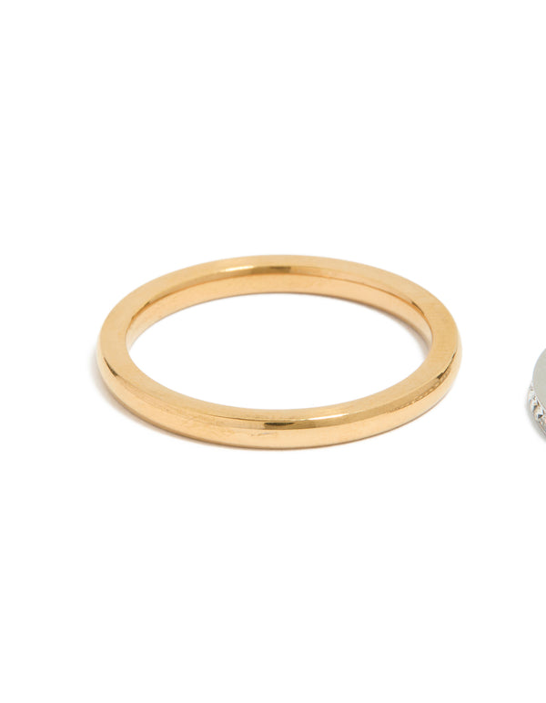 Crafted from waterproof mixed plated stainless steel thin cubic zirconia stacking rings in a 3-pack with gold tone side detail view