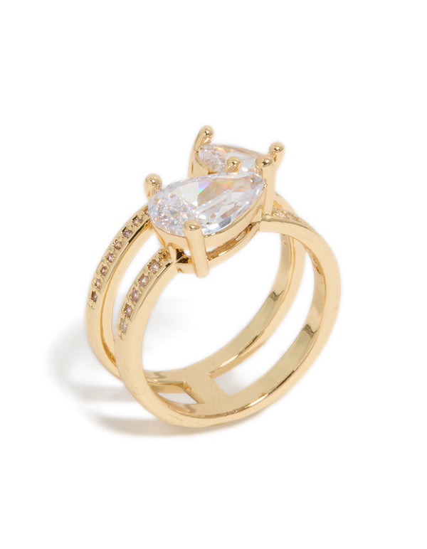 Crafted from gold plated material, this double cubic zirconia split ring side detail view