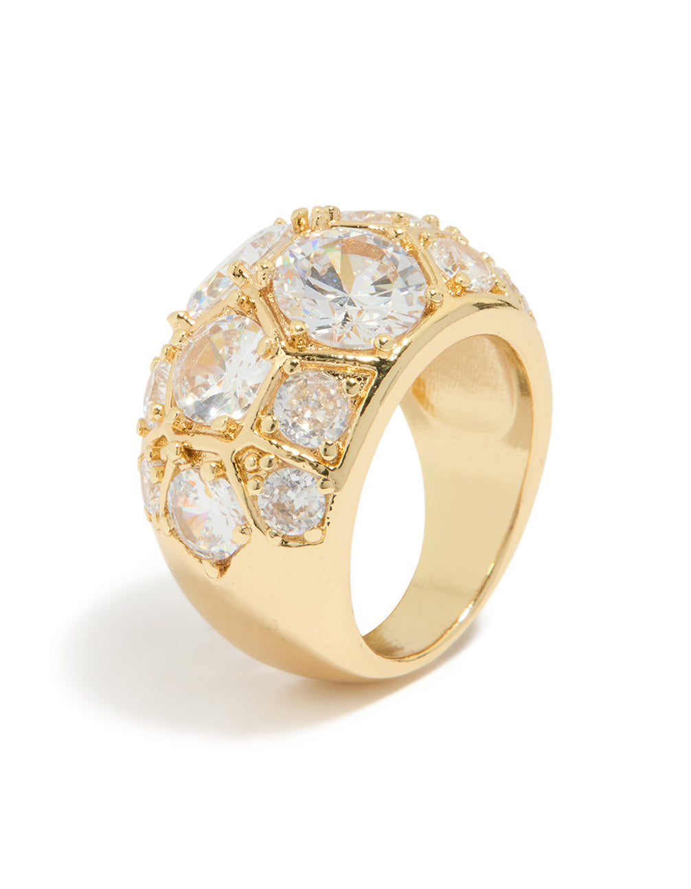 Featuring a gold plated extra large diamantes ring with statement design side detail view