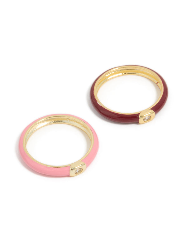 Featuring waterproof gold plated stainless steel mini cubic zirconia enamel rings in a 2-pack front view