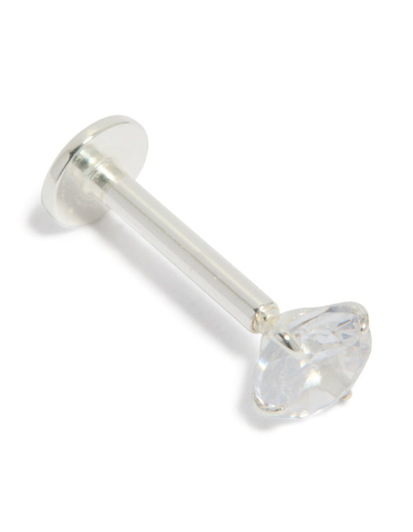 Showcasing sterling silver round cubic zirconia single flat back stud earrings with crystal on ear view