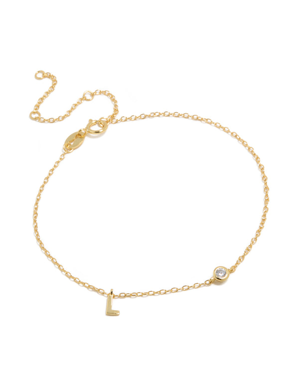 Gold Plated Sterling Silver Cubic Zirconia Letter L Bracelet