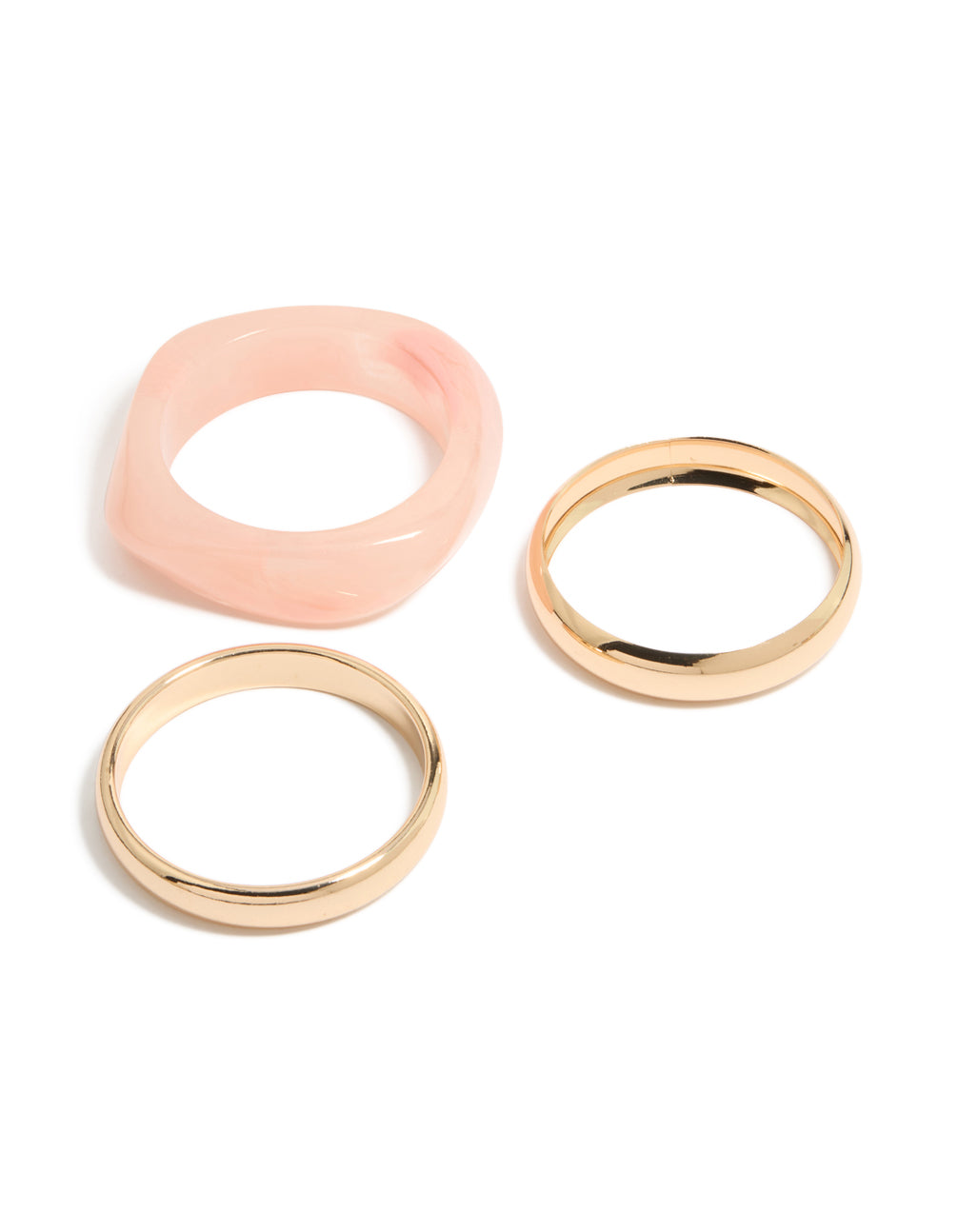 Showcasing gold and pink acrylic bangles in a 3-pack front view