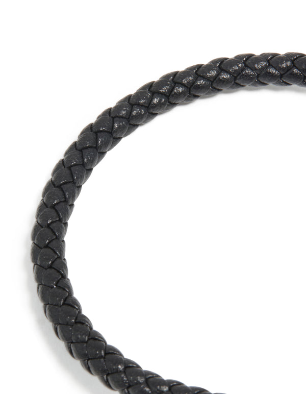 Waterproof gold plated stainless steel black PU leather braided chunky link bracelet view