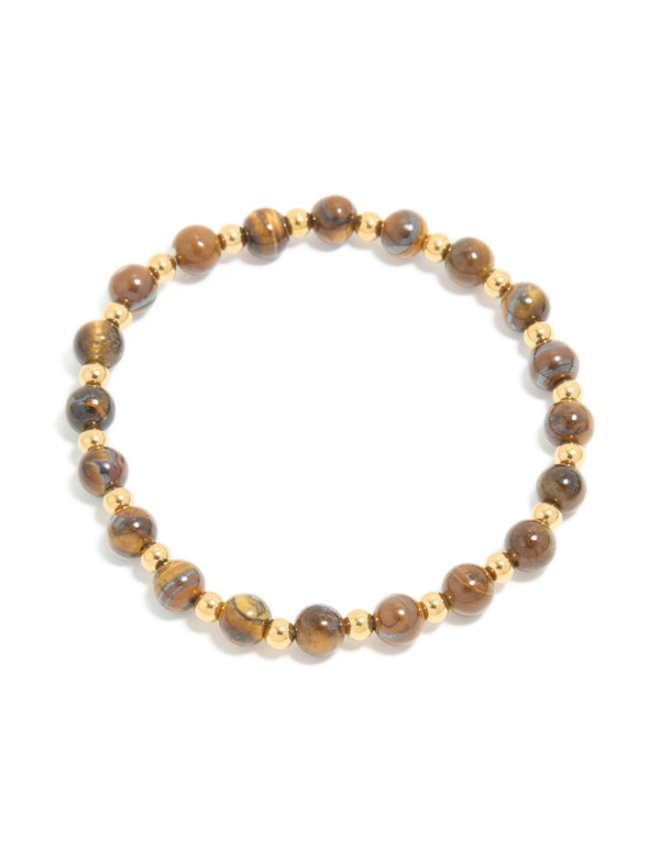 Showcasing a waterproof gold plated stainless steel tiger's eye semi precious stone beaded stretch bracelet front view