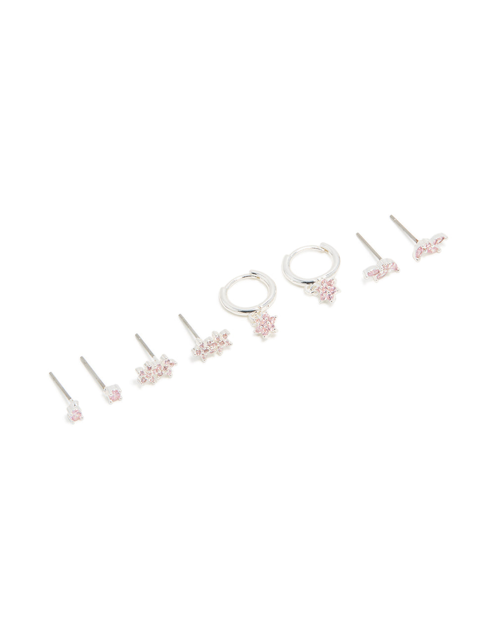 Silver Plated Brass Pink Cubic Zirconia Flower Stud & Hoop Earrings 4-Pack