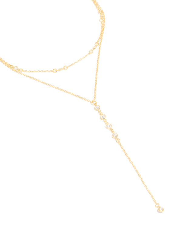Gold Plated Cubic Zirconia Bezel Layered Y-Necklace