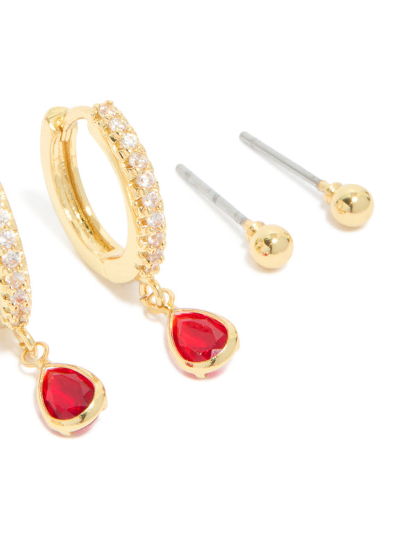 Gold Plated Brass Garnet Cubic Zirconia January Birthstone Earrings 4-Pack