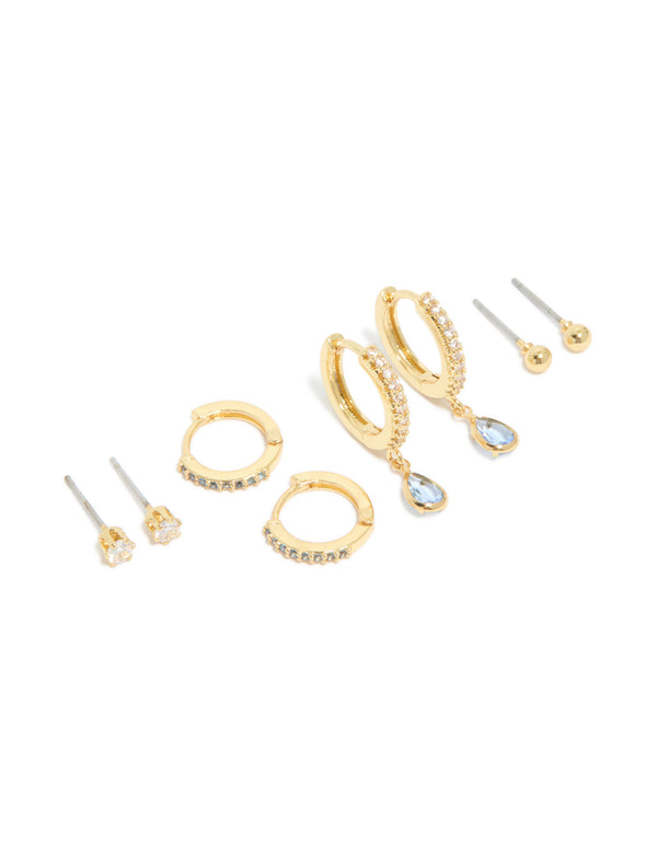 Showcasing gold plated brass aquamarine cubic zirconia March birthstone earrings with ball detail in a 4-pack with crystal accents front view