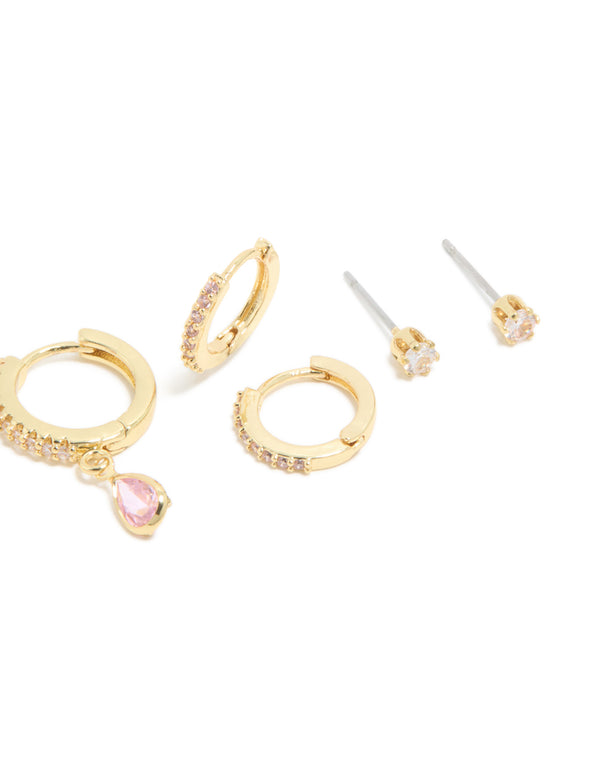 Gold Plated Brass Pink Tourmaline October Birthstone Earrings 4-Pack
