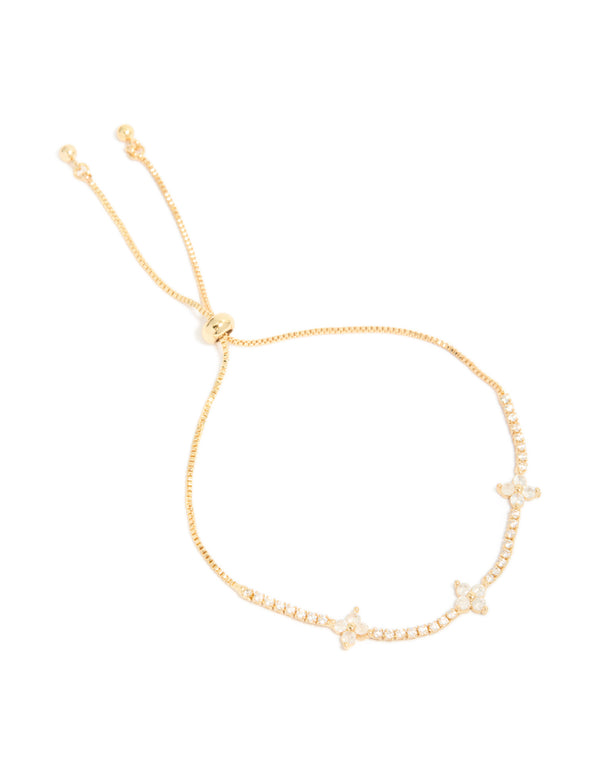 Discover a gold plated cubic zirconia flower toggle bracelet front view