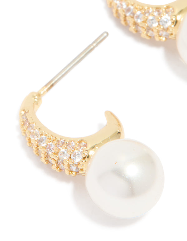 Gold Plated Cubic Zirconia & Pearl Small Pave Open Hoop Earrings