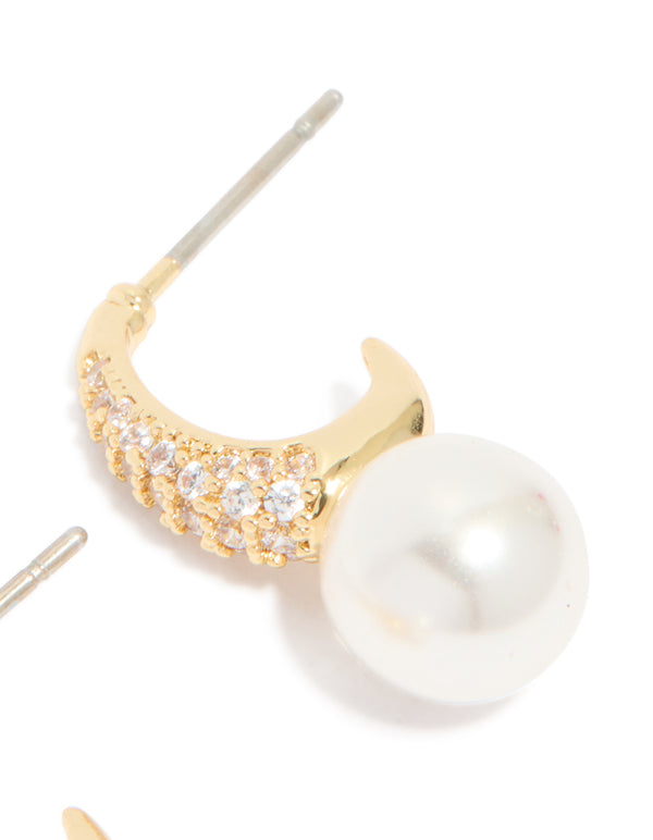 Gold Plated Cubic Zirconia & Pearl Small Pave Open Hoop Earrings