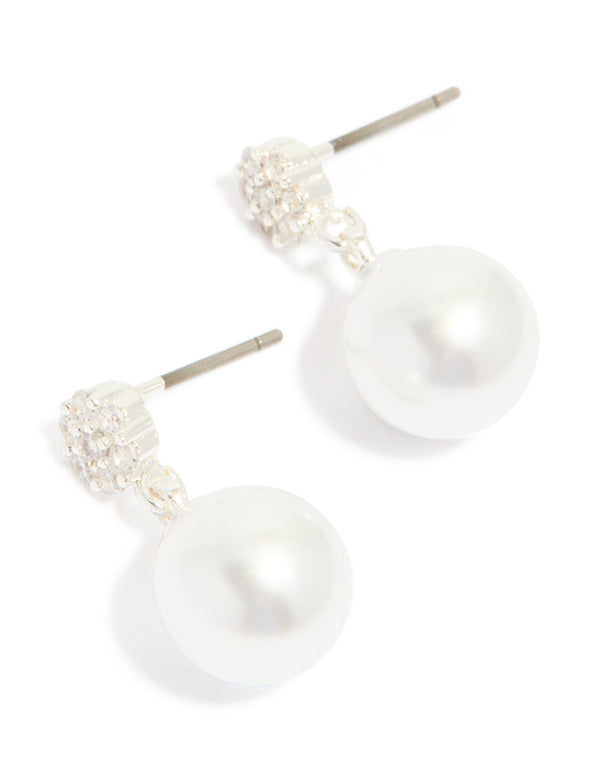 Silver Plated Small Round Cubic Zirconia & Pearl Drop Earrings