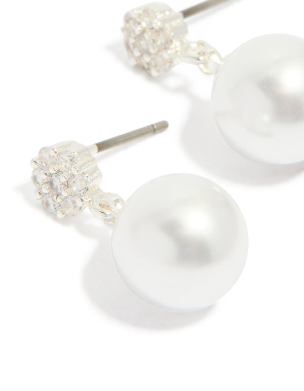Silver Plated Small Round Cubic Zirconia & Pearl Drop Earrings