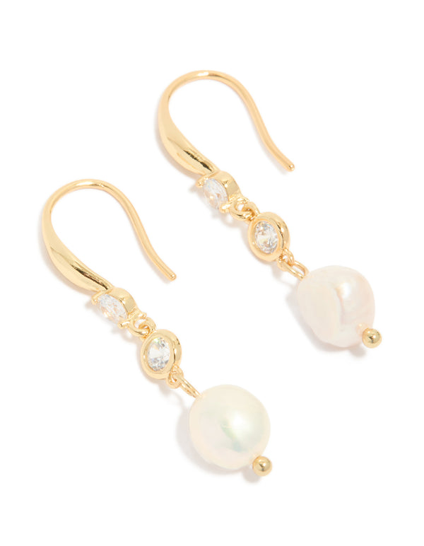 Gold Plated Cubic Zirconia & Freshwater Pearl Hook Earrings