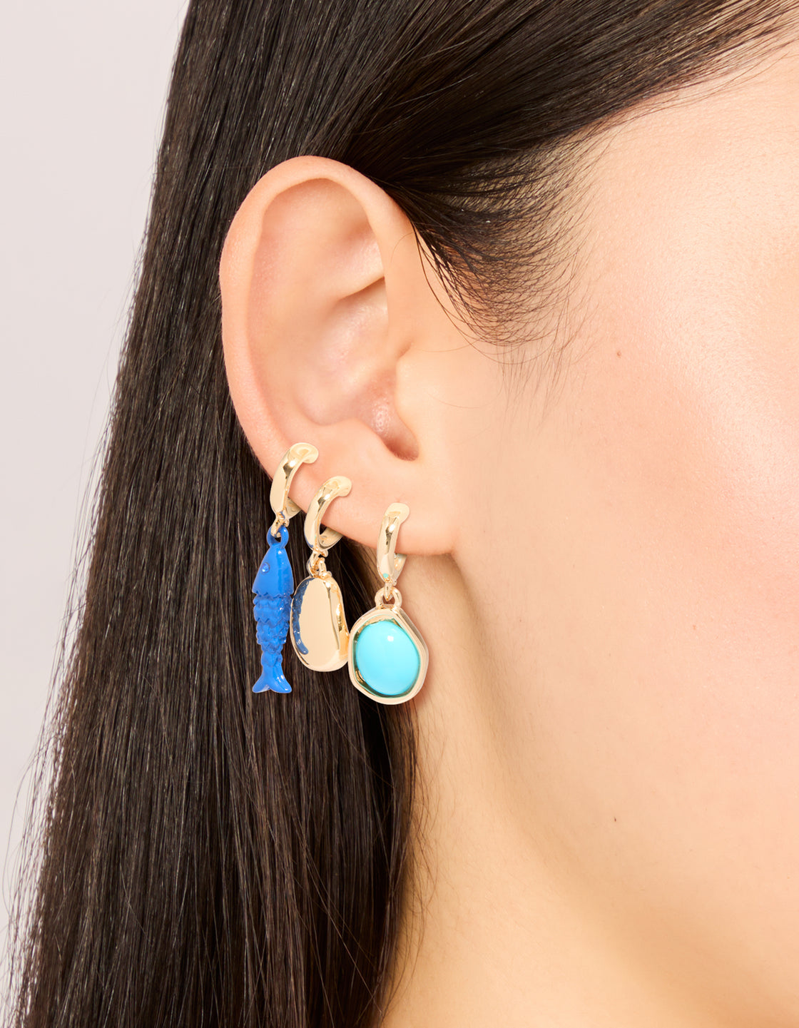 Gold Small Fish & Pebble Open Hoop Earrings 3-Pack