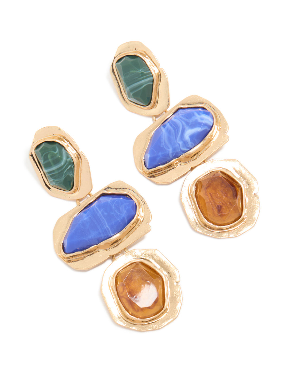 Worn Gold Blue & Green Acrylic Triple Layered Drop Earrings