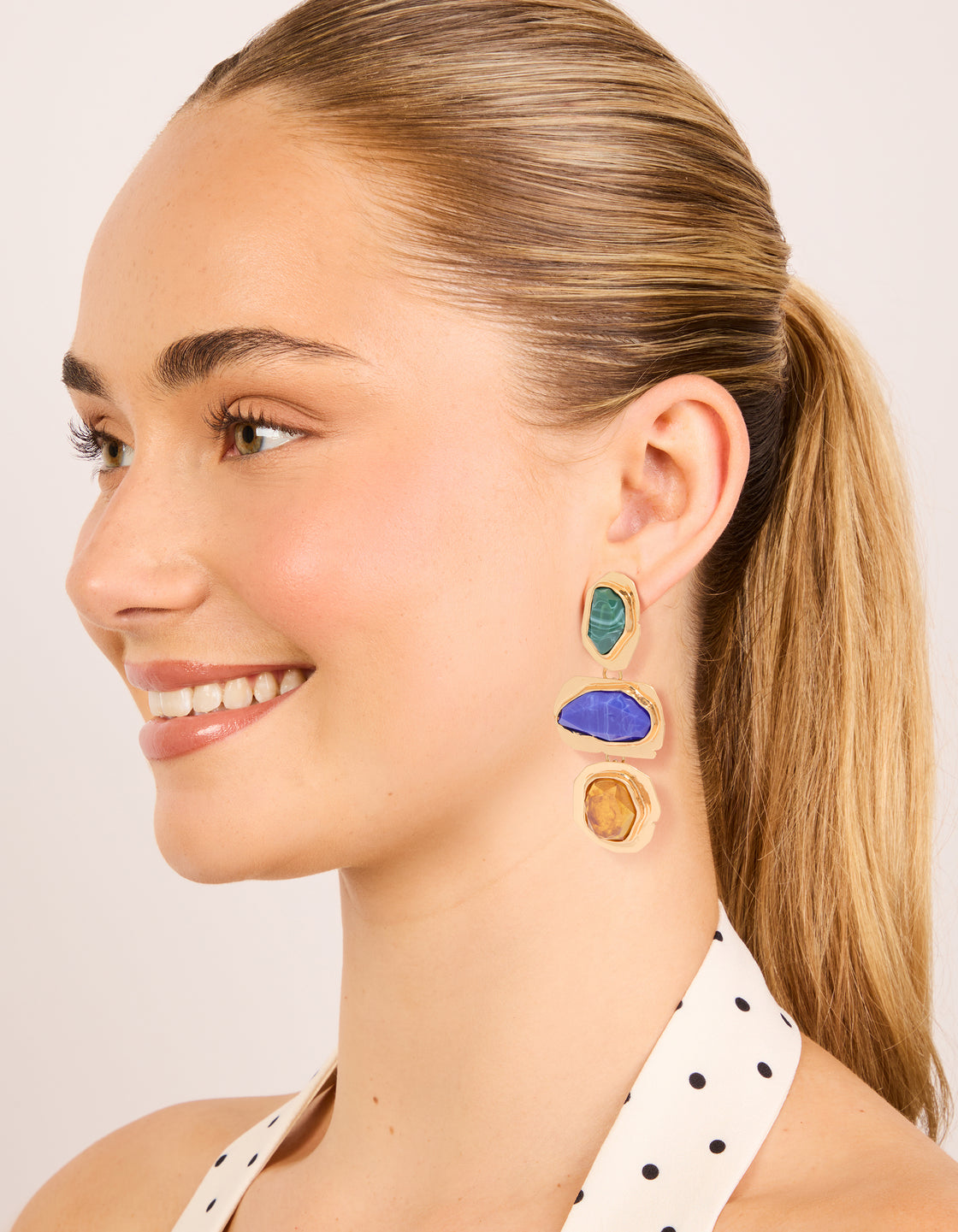 Worn Gold Blue & Green Acrylic Triple Layered Drop Earrings