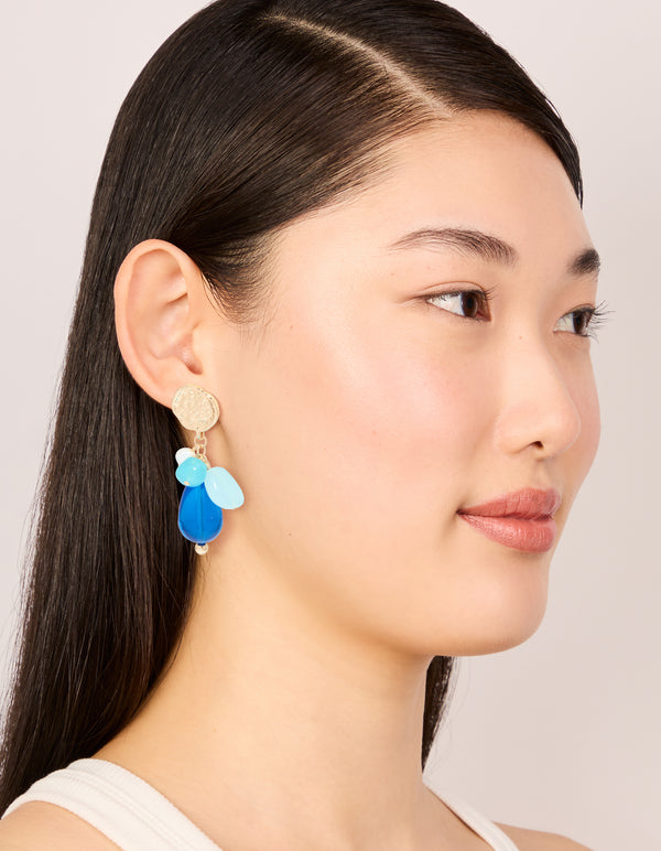 Gold Textured & Blue Beaded Drop Earrings