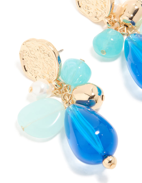 Gold Textured & Blue Beaded Drop Earrings