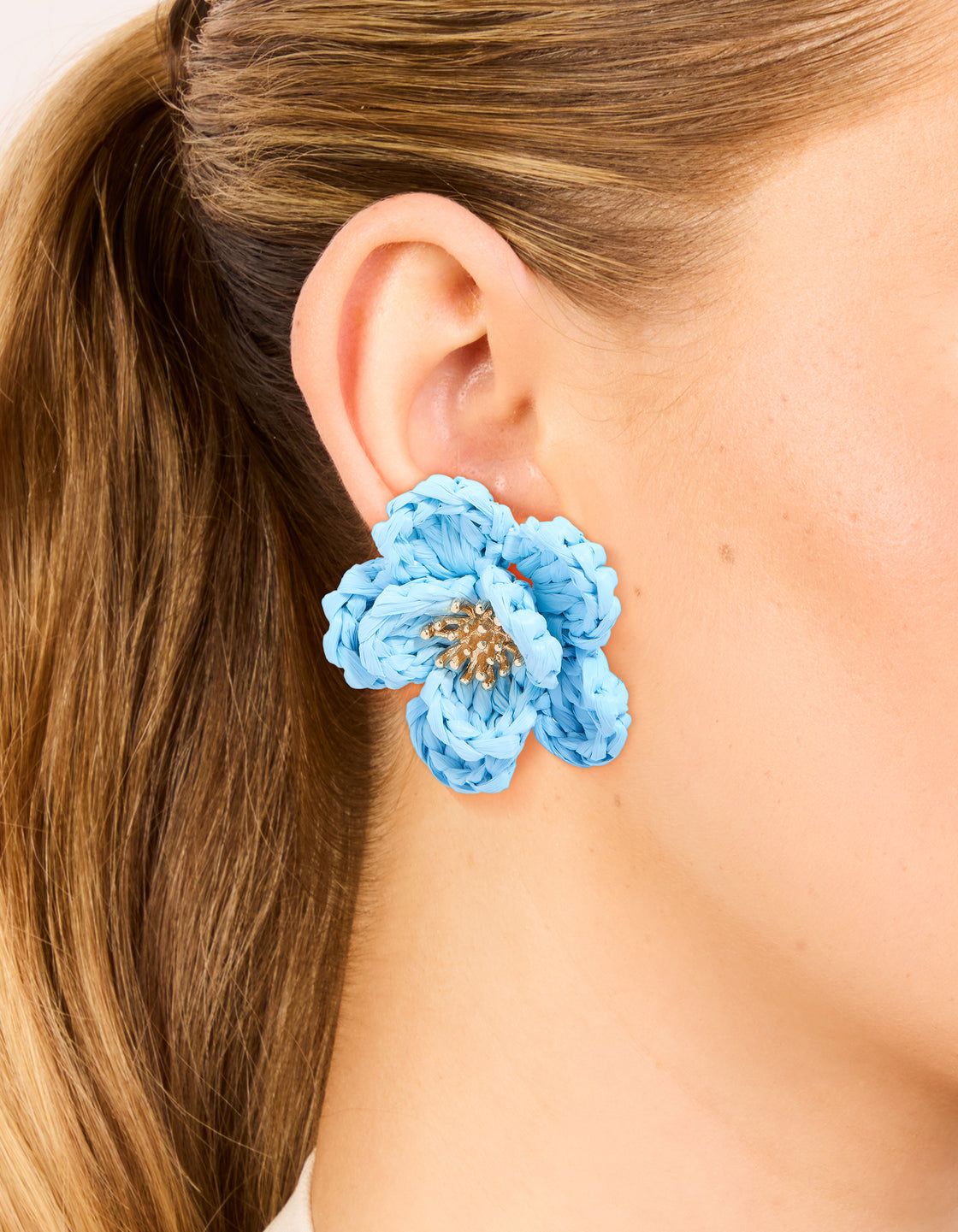 Gold Light Blue Flower Medallion Earrings