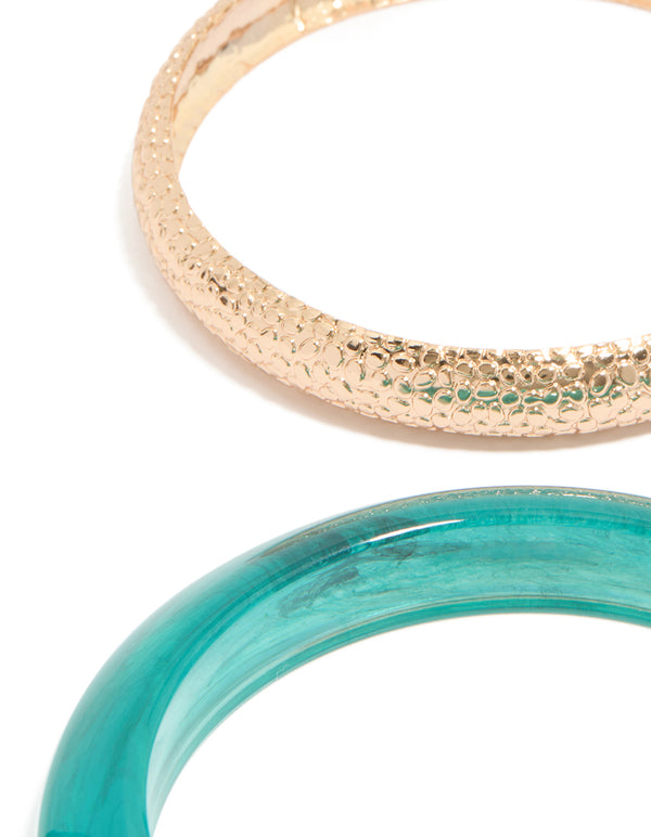 Beautifully crafted, these textured gold and resin bangles in a 3-pack feature green and blue hues close up view